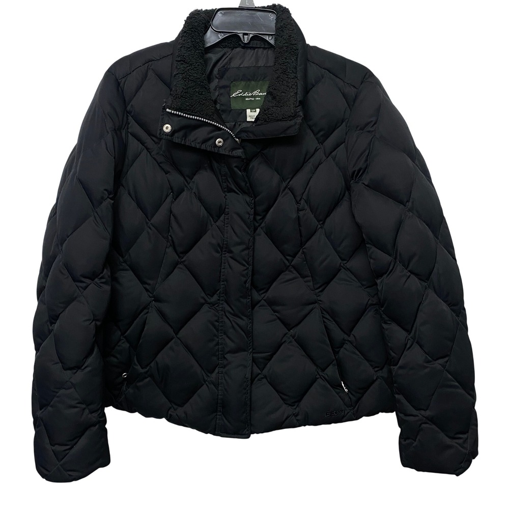Eddie Bauer Large Petite Quilted Duck Down Puffer Winter Jacket Sherpa Black‎